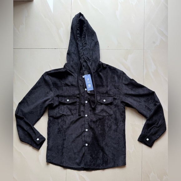 Romwe Black black  hooded Button Up Shirt Jacket Shacket Sz M  full button - Picture 16 of 16